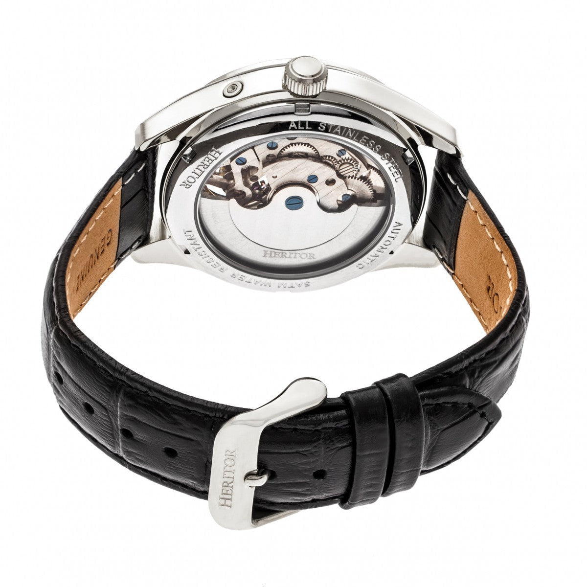 Heritor Automatic Sebastian Semi-Skeleton Leather-Band Watch - Silver/Black - HERHR6902