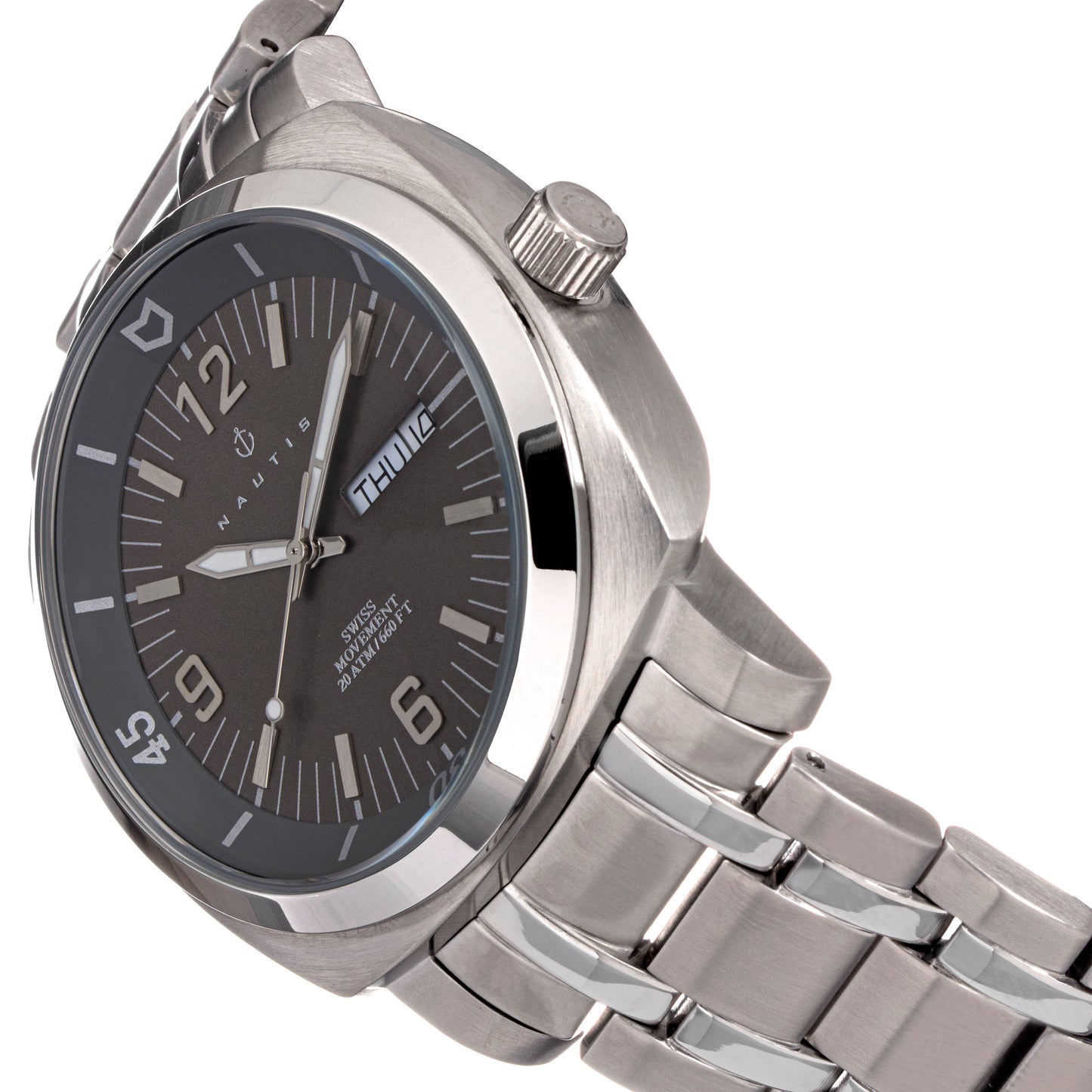 Nautis Men's Bracelet Diver Watch w/Day/Date - Grey - GL2087-G
