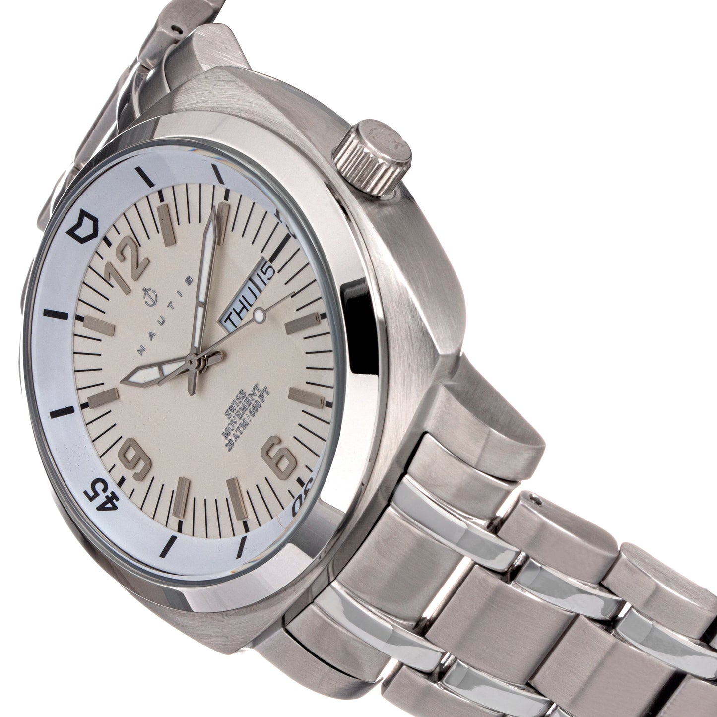 Nautis Men's Bracelet Diver Watch w/Day/Date - White - GL2087-D