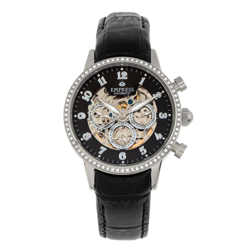Empress Beatrice Automatic Skeleton Dial Leather-Band Watch w/Day/Date