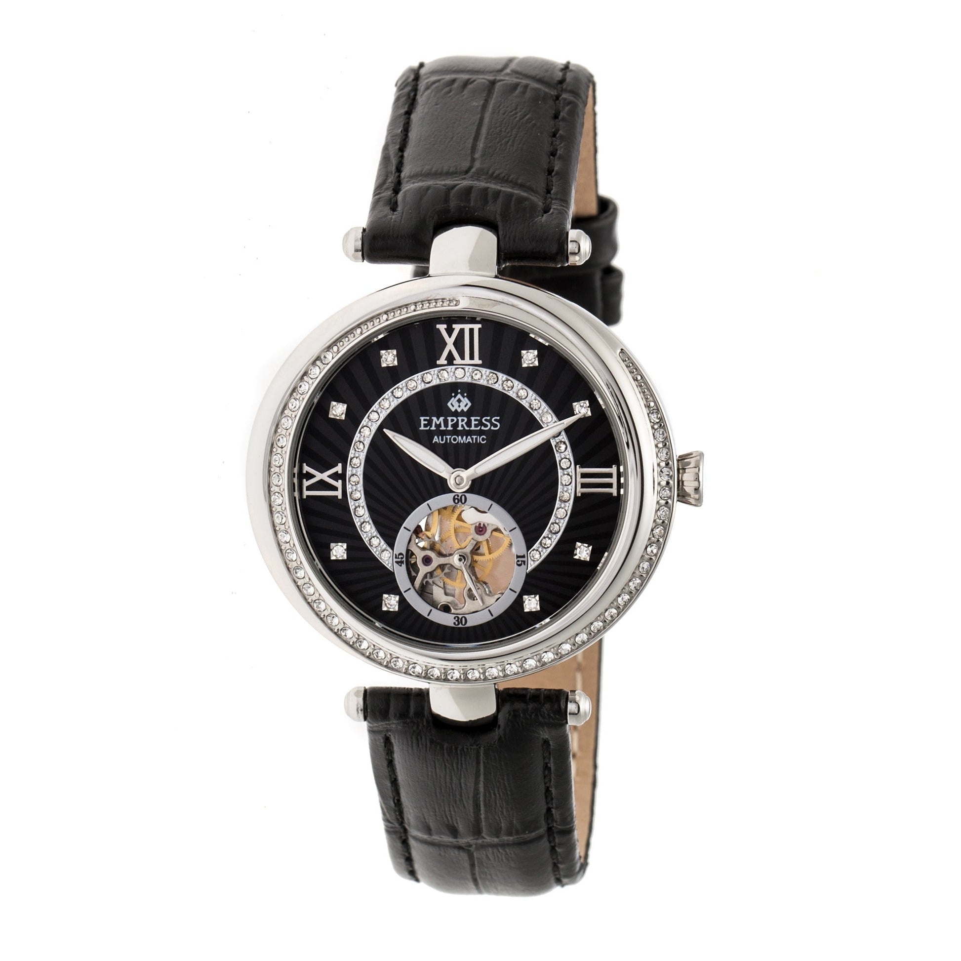 Empress Stella Automatic Semi-Skeleton MOP Leather-Band Watch - Black - EMPEM2102