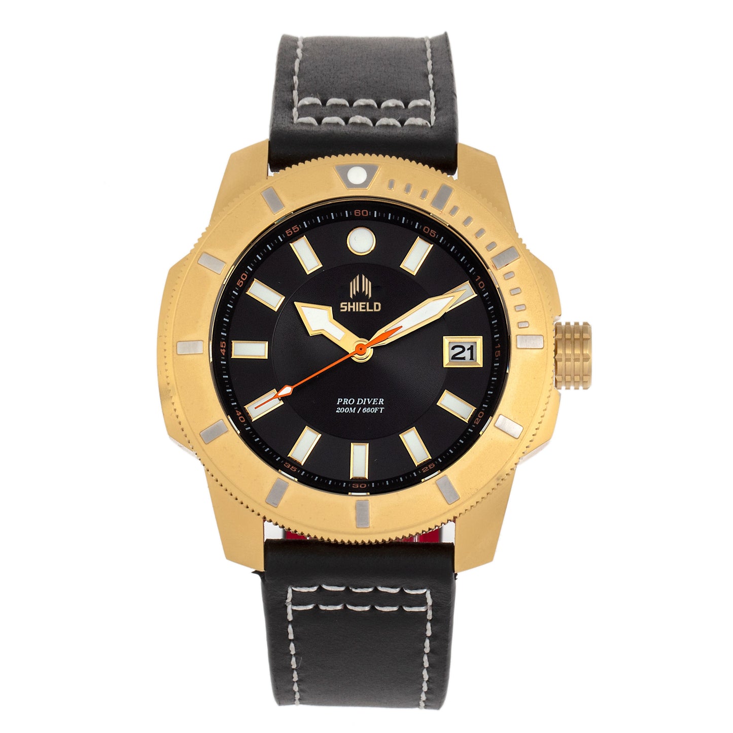 Shield Shaw Leather-Band Men's Diver Watch w/Date - Gold/Black