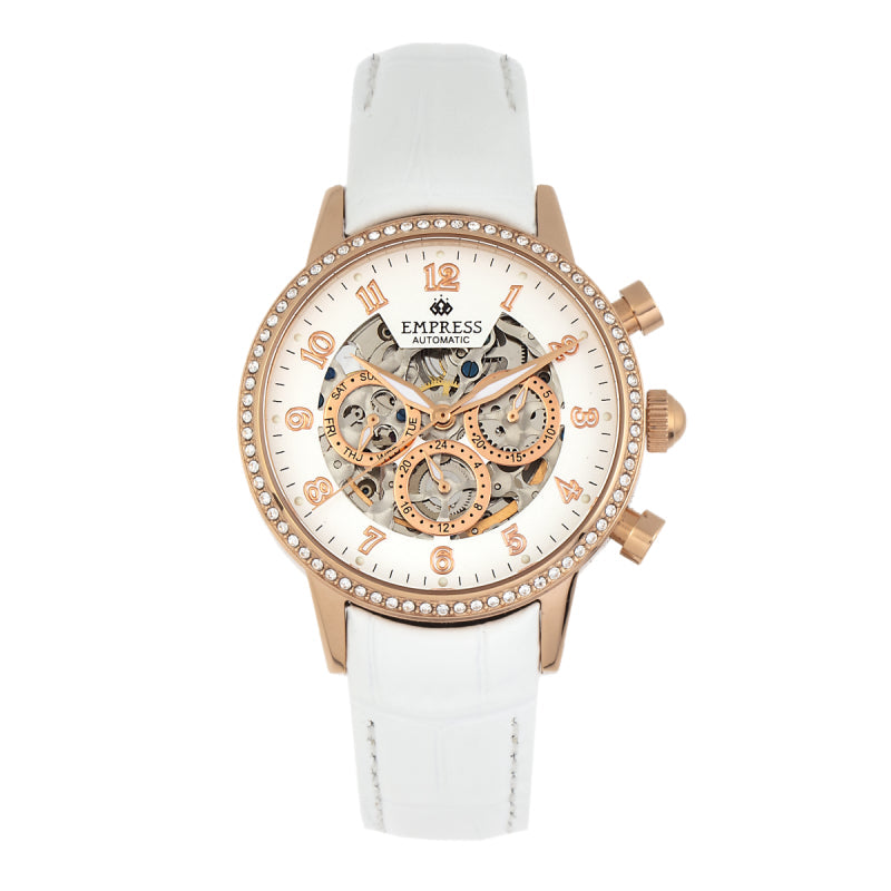 Empress Beatrice Automatic Skeleton Dial Leather-Band Watch w/Day/Date