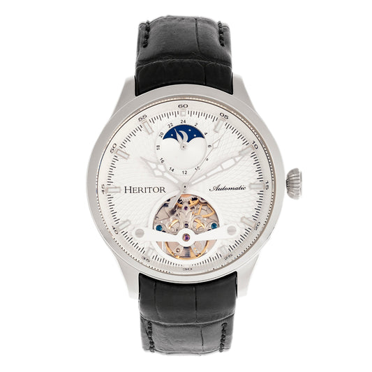 Heritor Automatic Gregory Semi-Skeleton Leather-Band Watch - Silver/Black - HERHR8101