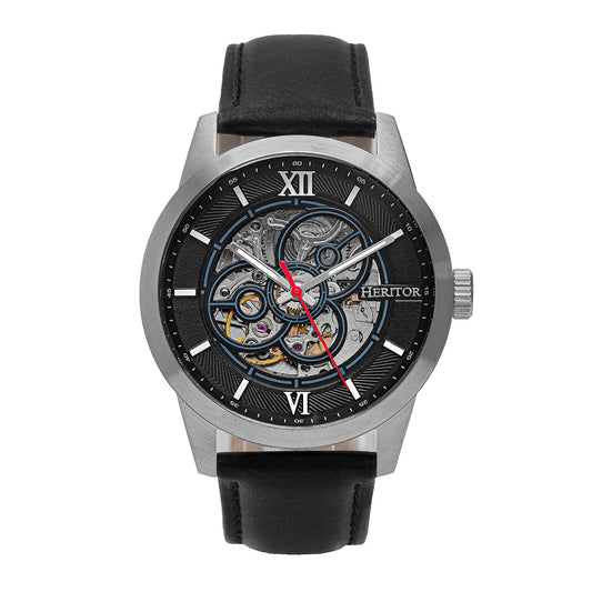 Heritor Automatic Jonas Leather-Band Skeleton Watch - Silver/Black - HERHR9501