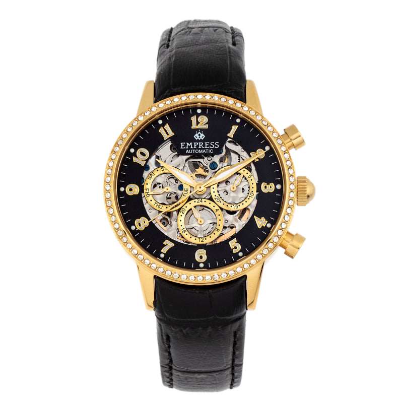 Empress Beatrice Automatic Skeleton Dial Leather-Band Watch w/Day/Date