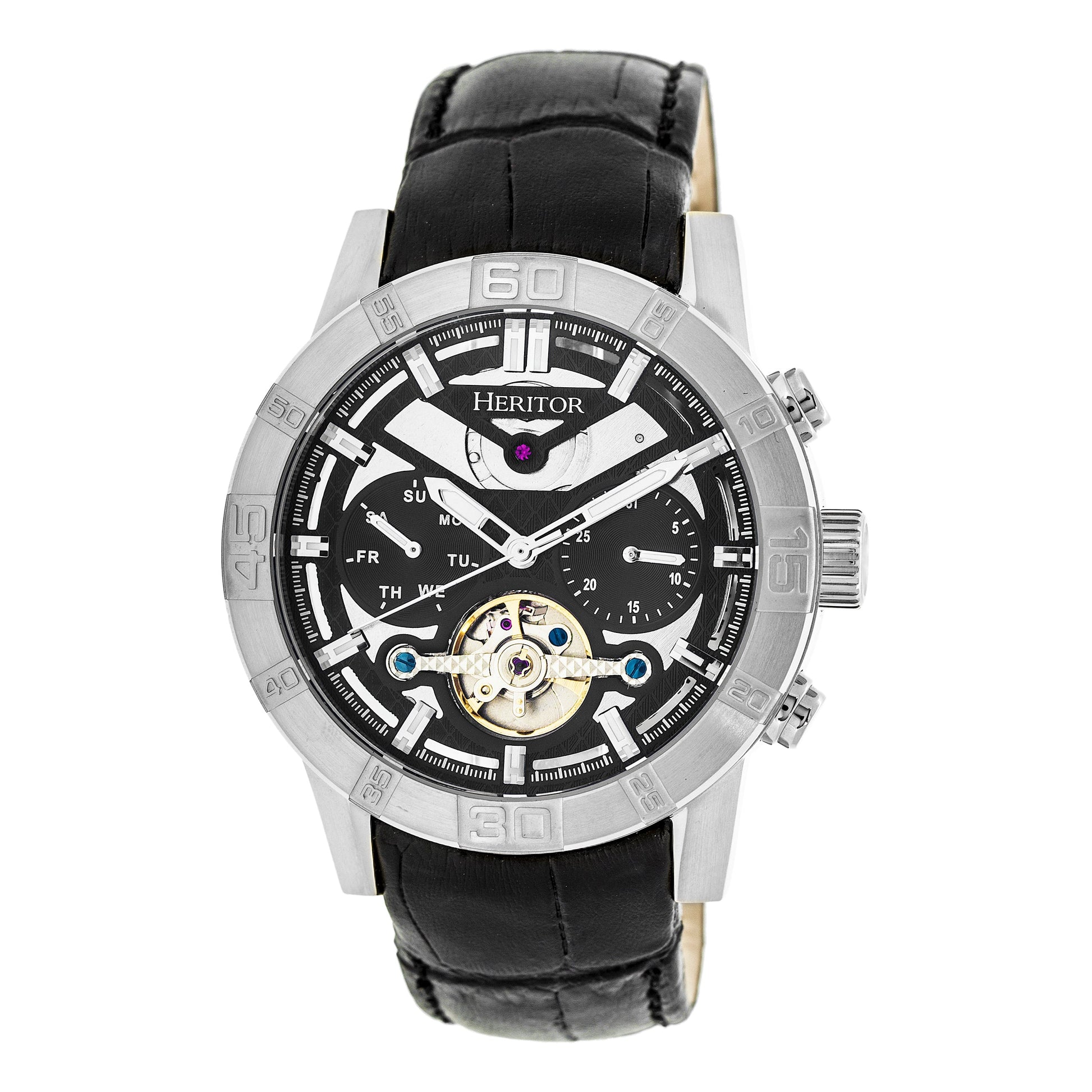 Heritor Automatic Hannibal Semi-Skeleton Leather-Band Watch - Silver/Black - HERHR4102