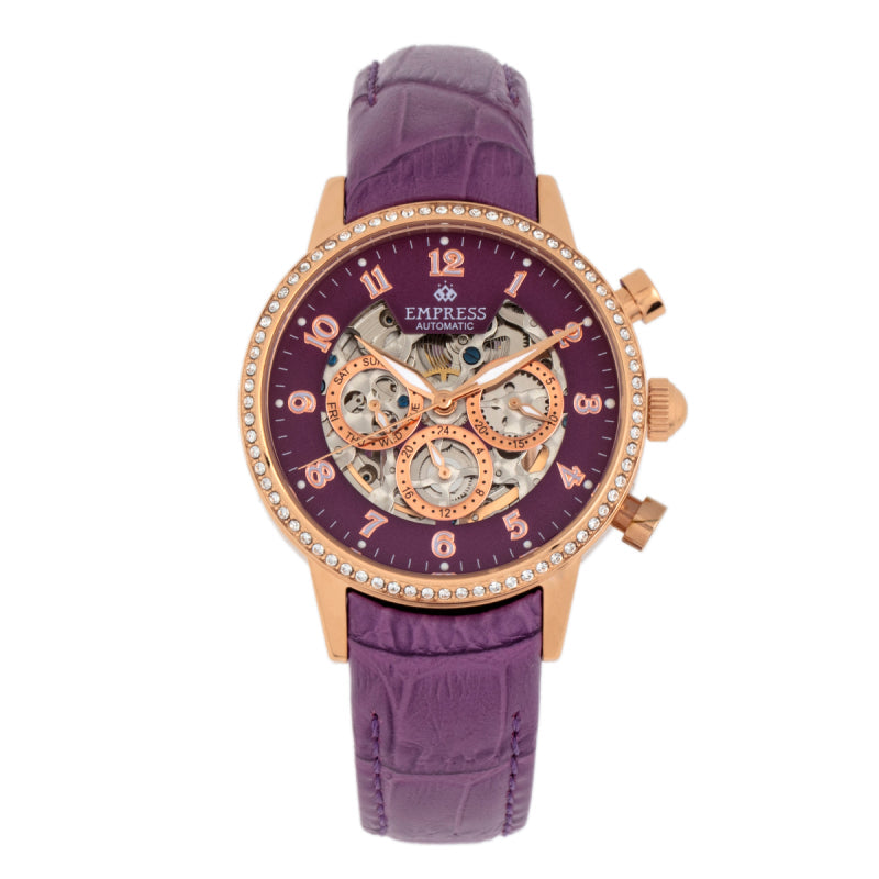 Empress Beatrice Automatic Skeleton Dial Leather-Band Watch w/Day/Date