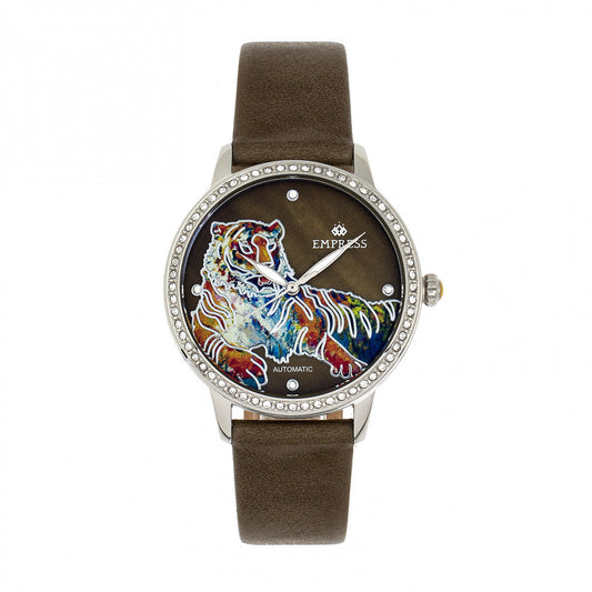 Empress Diana Automatic Engraved MOP Leather-Band Watch - Olive - EMPEM3001