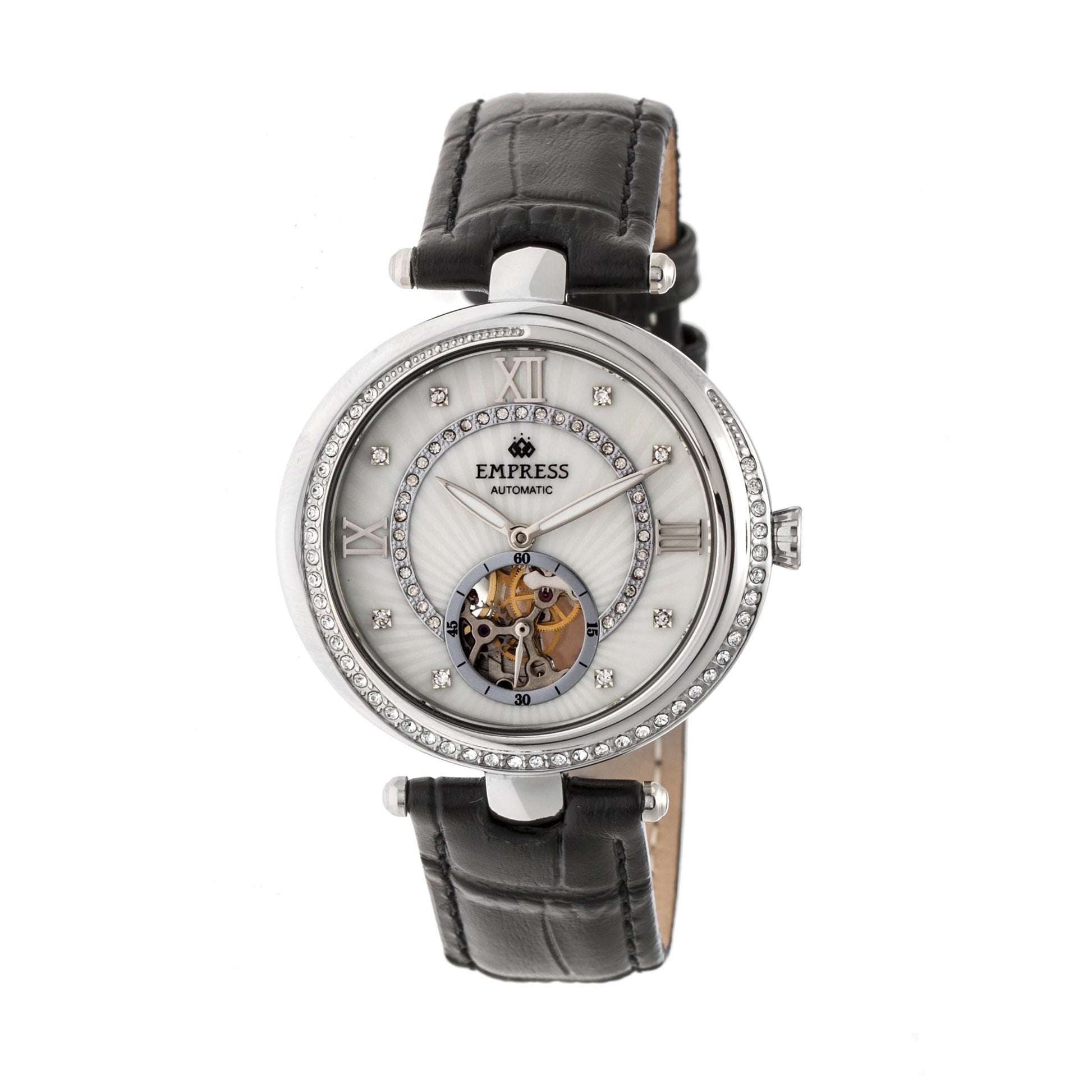 Empress Stella Automatic Semi-Skeleton MOP Leather-Band Watch - Black/White - EMPEM2101