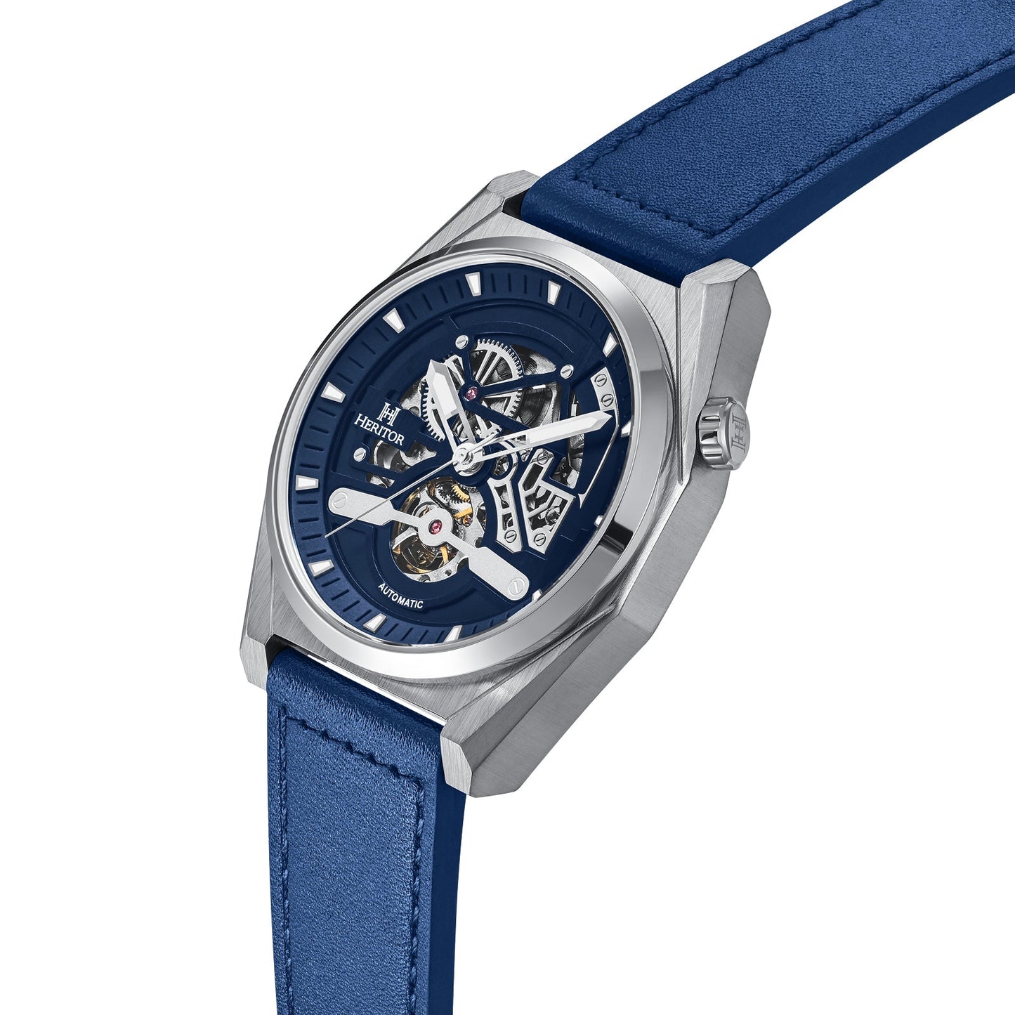 Heritor Automatic Amadeus Semi-Skeleton Leather-Band Watch - Silver/Blue - HERHS3402