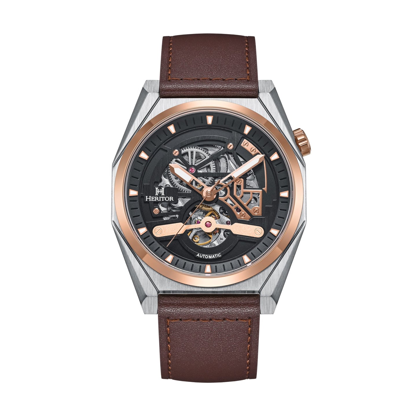 Heritor Automatic Amadeus Semi-Skeleton Leather-Band Watch