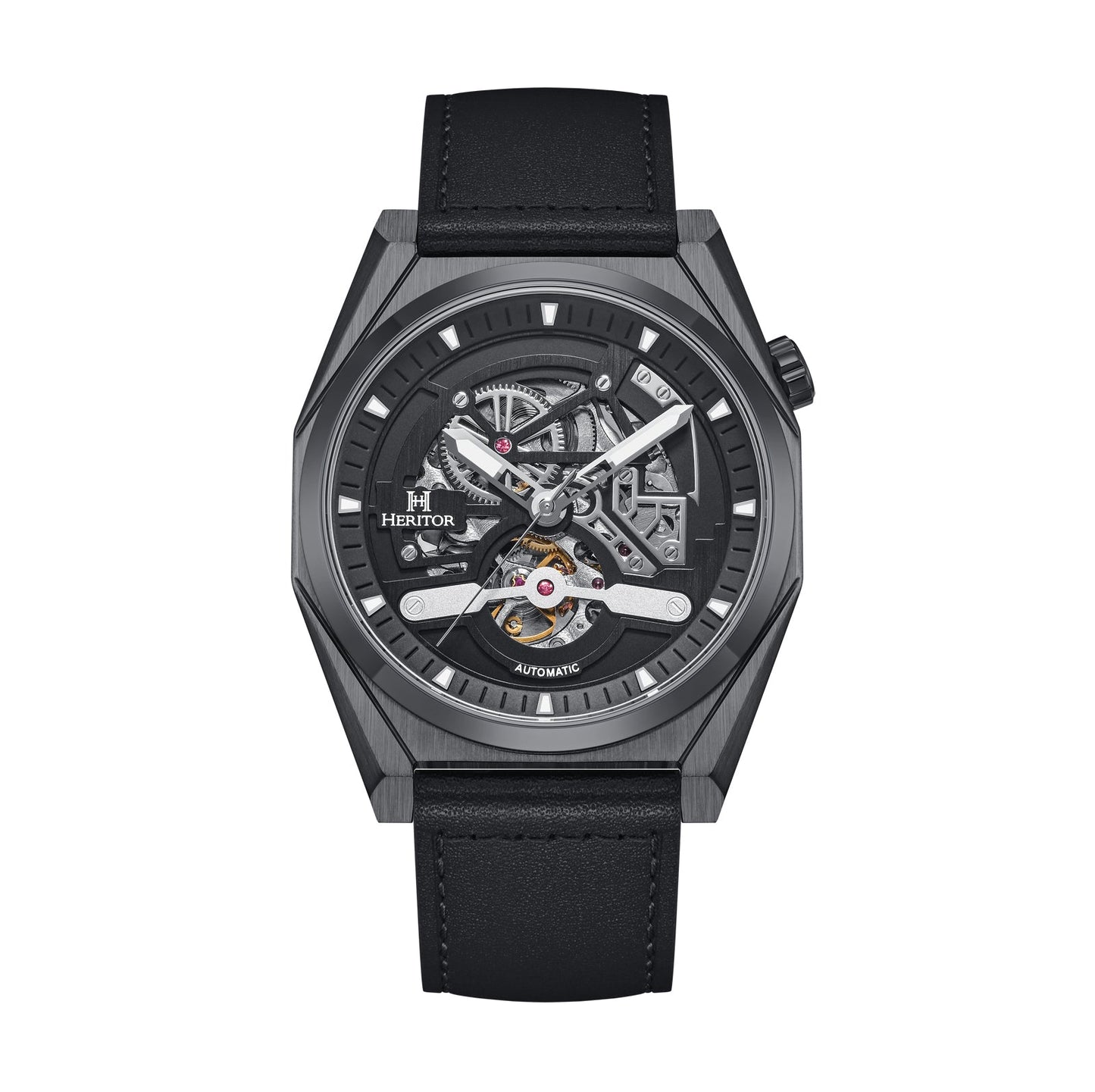 Heritor Automatic Amadeus Semi-Skeleton Leather-Band Watch