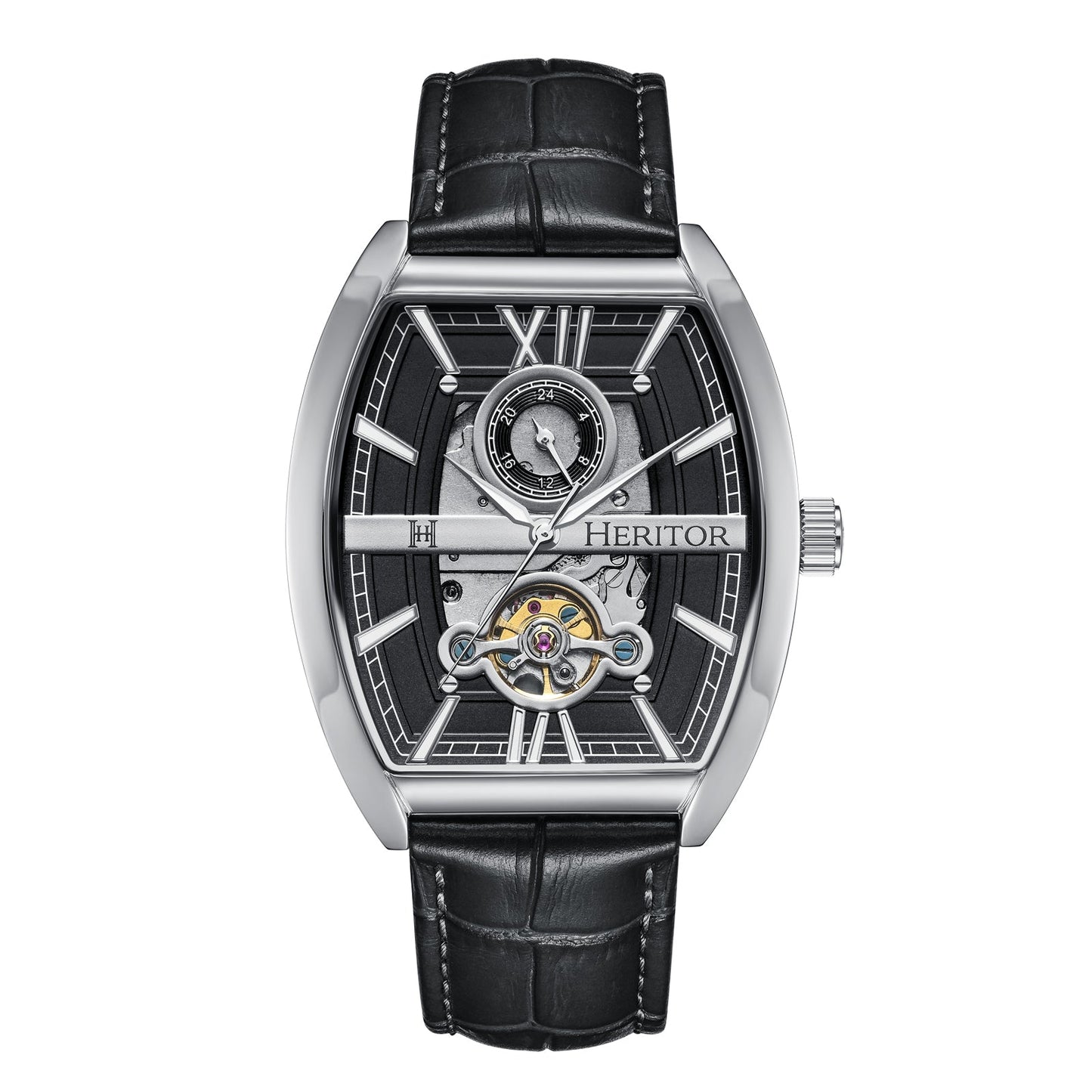 Heritor Automatic Masterson Semi-Skeleton Leather-Band Watch - Silver/Black - HERHS3501