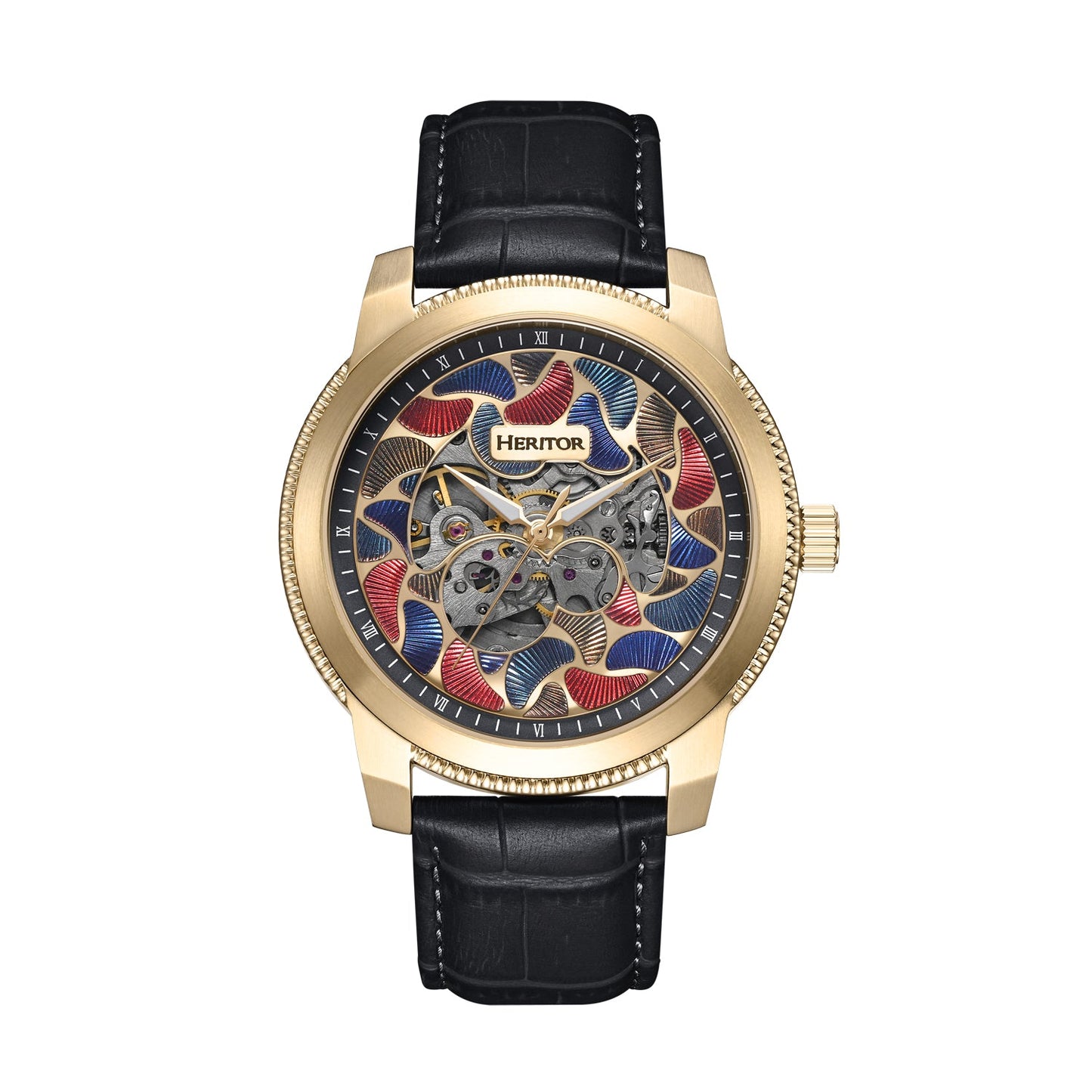 Heritor Automatic Emmanuel Semi-Skeleton Leather-Band Watches