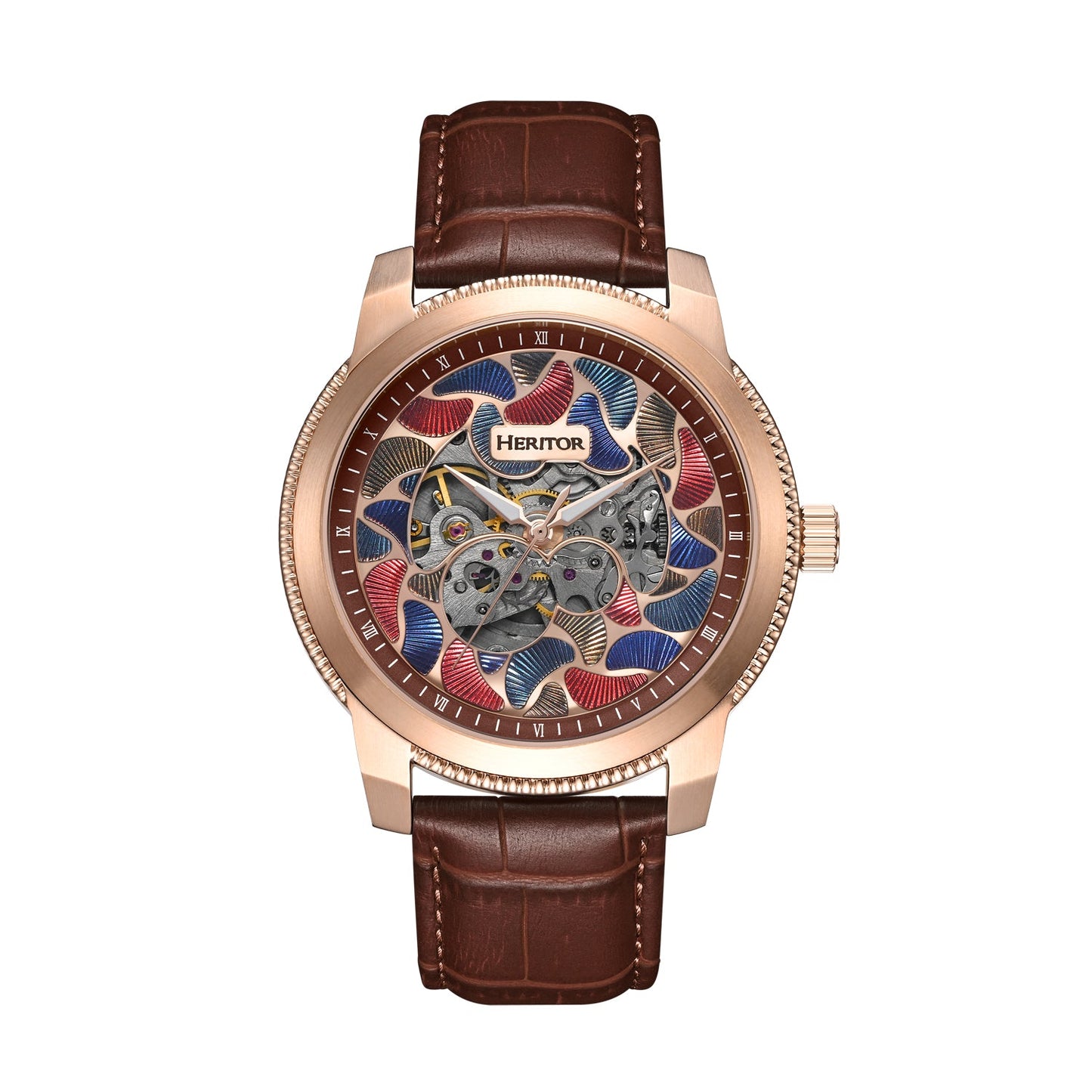 Heritor Automatic Emmanuel Semi-Skeleton Leather-Band Watches