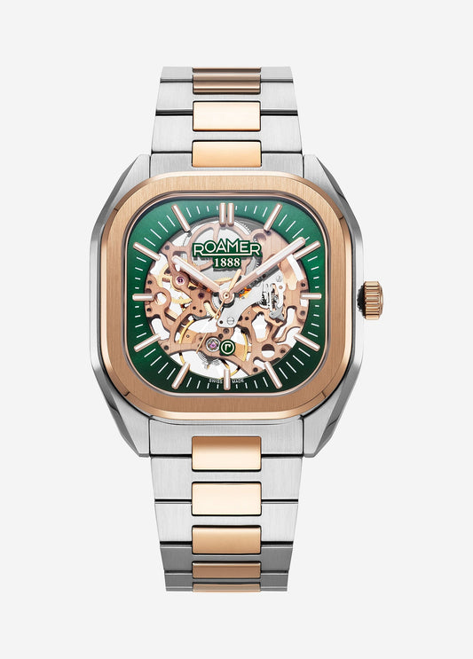 Roamer Mechano Swiss Made Skeleton Watch - Green Dial - Bi Colour Bracelet - 985986 49 75 20