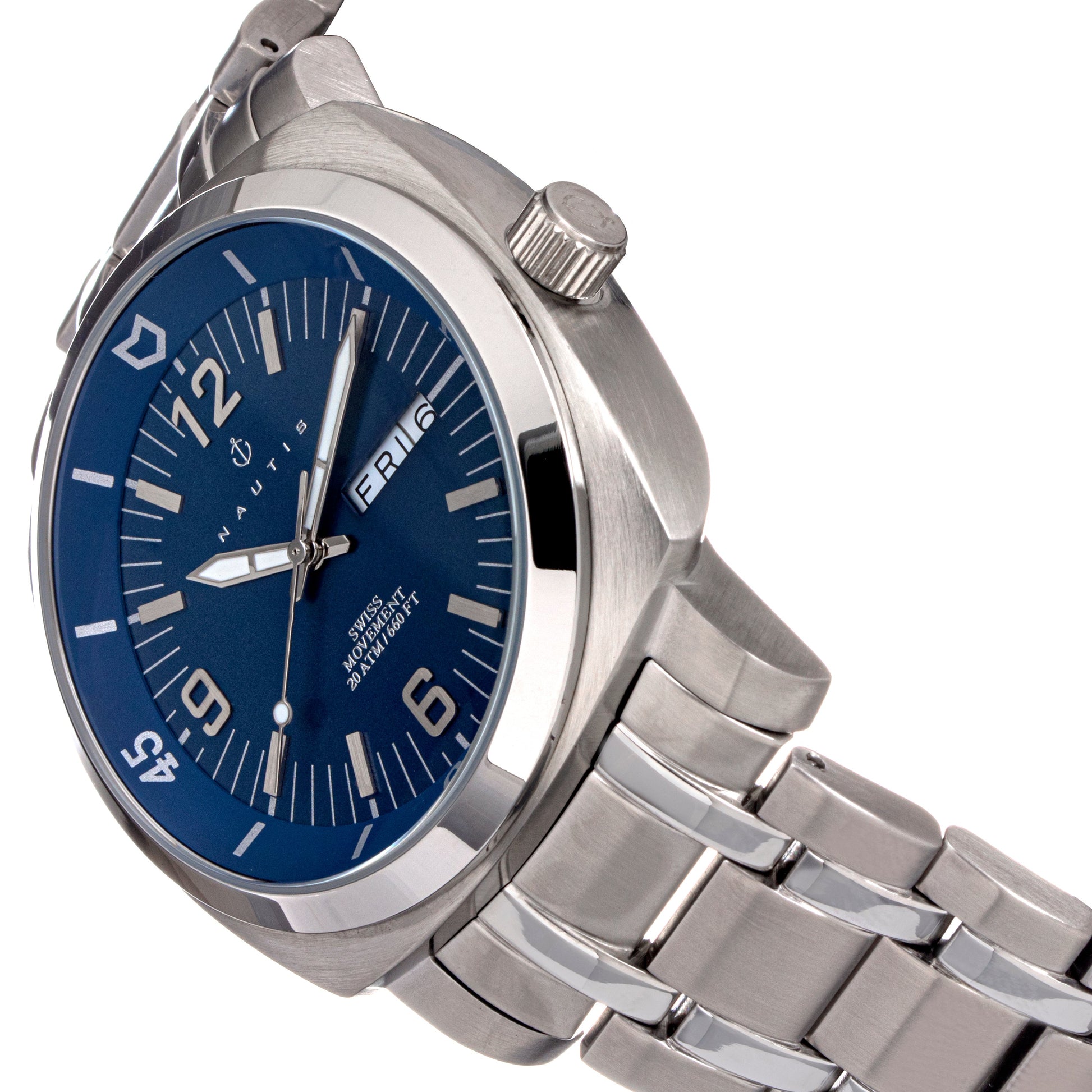Nautis Men's Bracelet Diver Watch w/Day/Date  - Blue  - GL2087-C