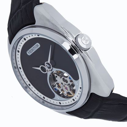 Heritor Automatic Roman Semi-Skeleton Leather-Band Watch - Silver/Black - HERHS2201
