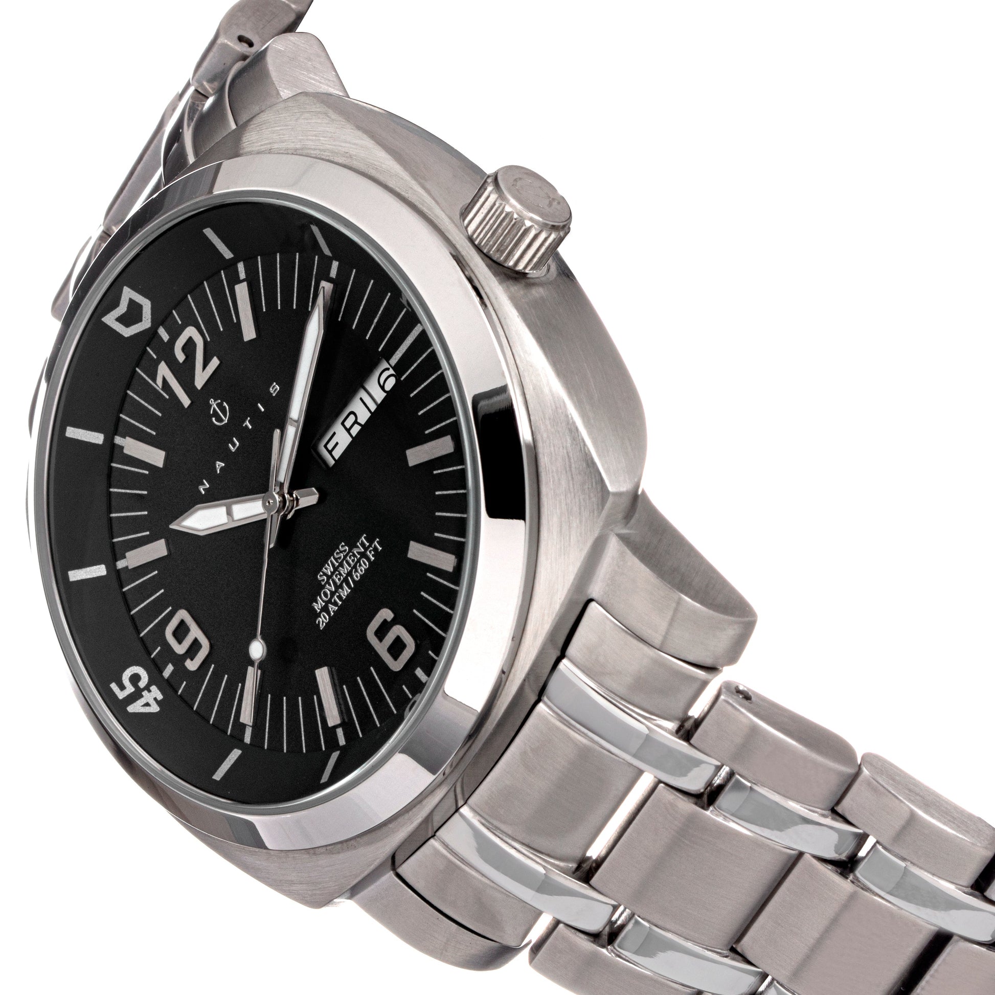 Nautis Men's Bracelet Diver Watch w/Day/Date  - Black - GL2087-B