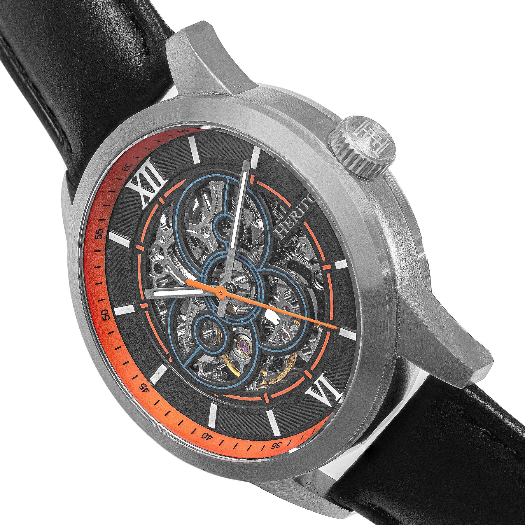 Heritor Automatic Jonas Leather-Band Skeleton Watch - Silver/Orange - HERHR9502