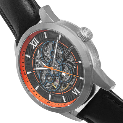 Heritor Automatic Jonas Leather-Band Skeleton Watch - Silver/Orange - HERHR9502