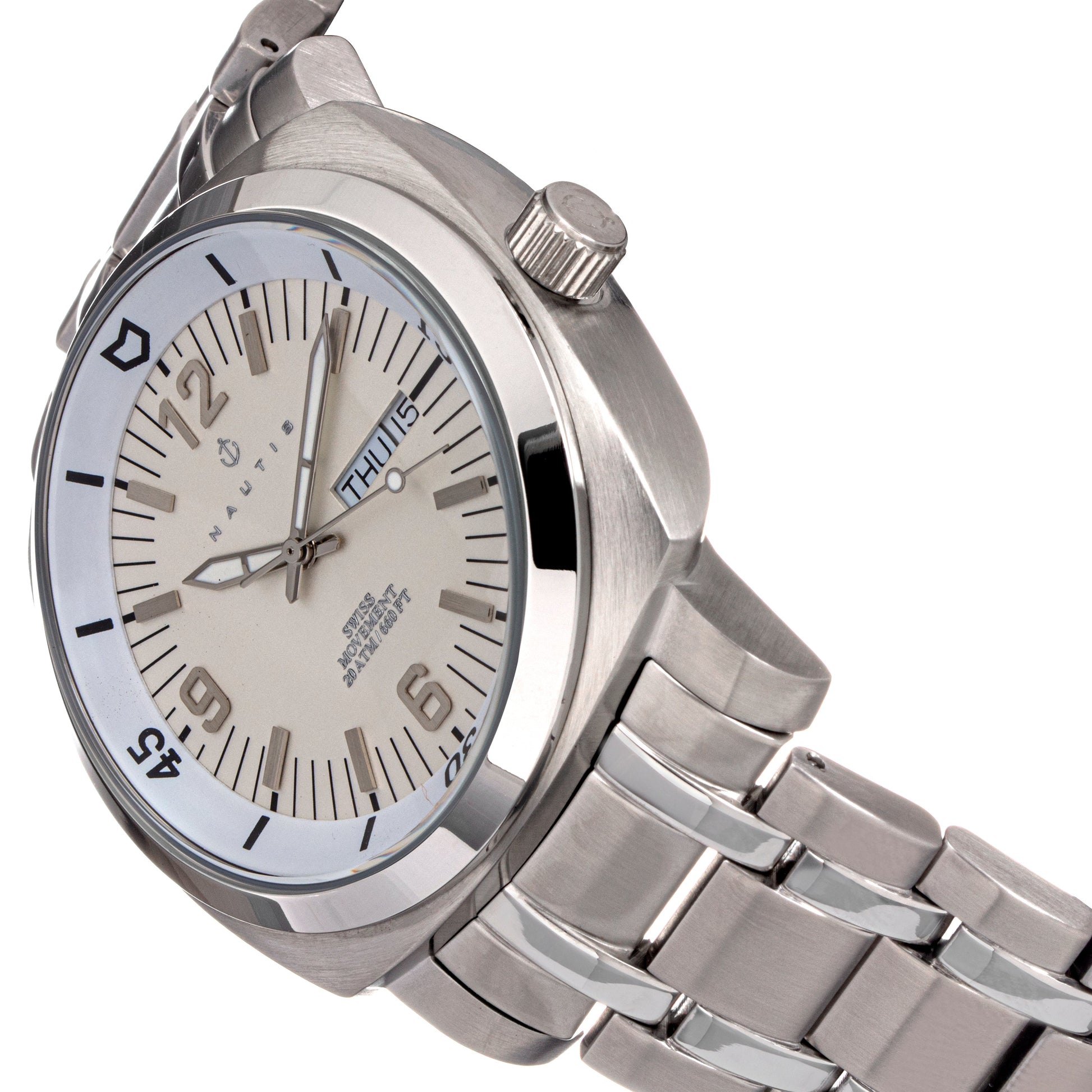 Nautis Men's Bracelet Diver Watch w/Day/Date  - White  - GL2087-D