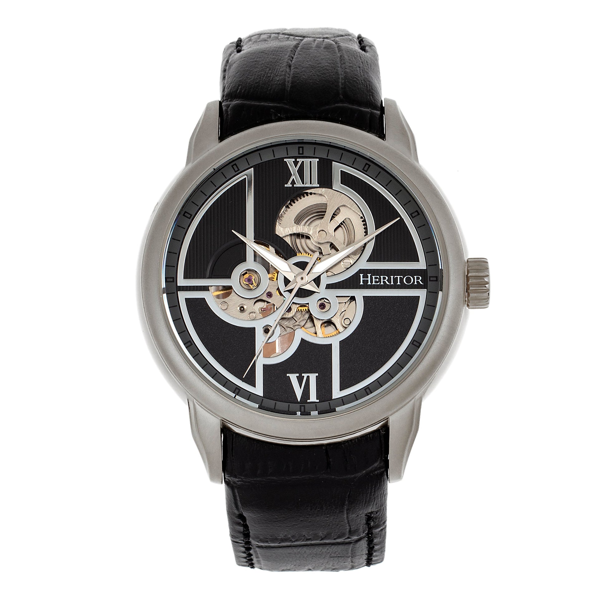 Heritor Automatic Sanford Semi-Skeleton Leather-Band Watch - Silver/Black - HERHR8302