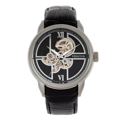 Heritor Automatic Sanford Semi-Skeleton Leather-Band Watch - Silver/Black - HERHR8302