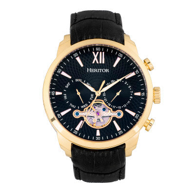 Heritor Automatic Arthur Semi-Skeleton Leather-Band Watch w/ Day/Date