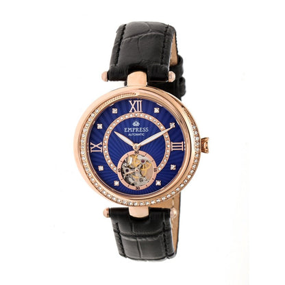 Empress Stella Automatic Semi-Skeleton MOP Leather-Band Watch