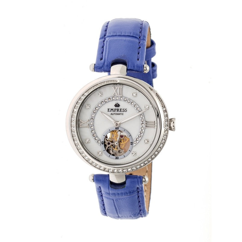 Empress Stella Automatic Semi-Skeleton MOP Leather-Band Watch
