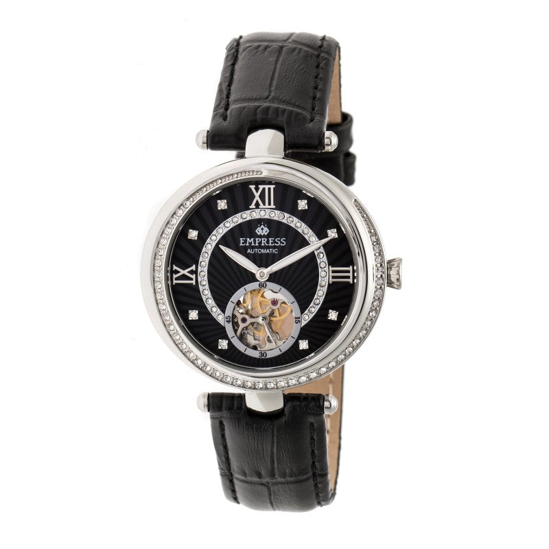 Empress Stella Automatic Semi-Skeleton MOP Leather-Band Watch