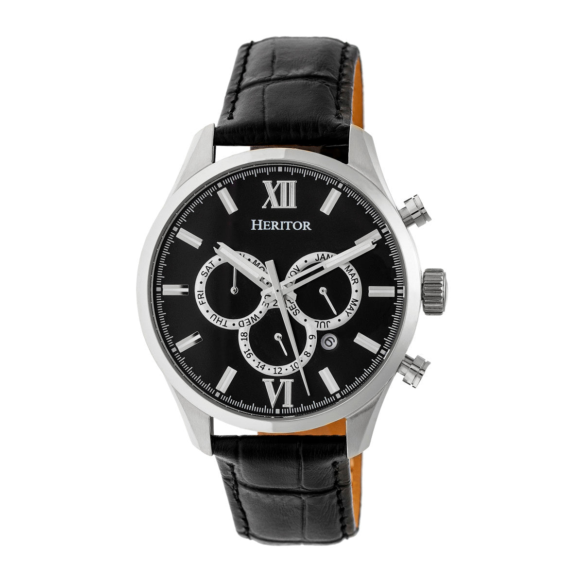 Heritor Automatic Benedict Leather-Band Watch w/ Day/Date - Silver/Black - HERHR6802