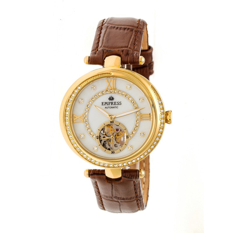 Empress Stella Automatic Semi-Skeleton MOP Leather-Band Watch