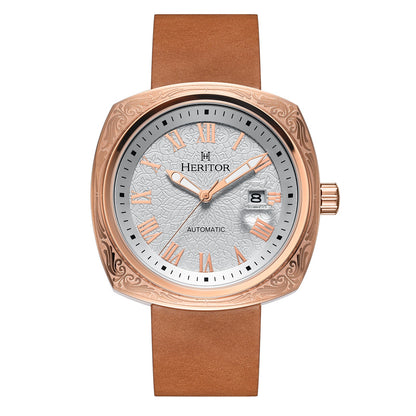 Heritor Automatic Davenport Engraved-Case Leather-Band Watch w/ Date