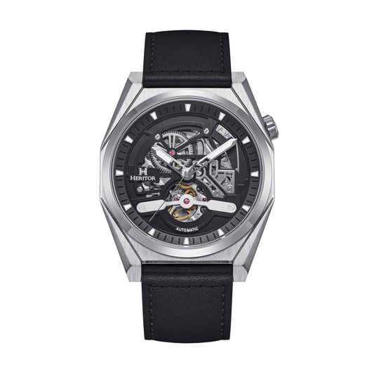 Heritor Automatic Amadeus Semi-Skeleton Leather-Band Watch - Silver/Black - HERHS3401