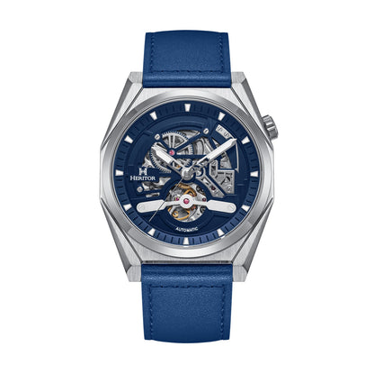 Heritor Automatic Amadeus Semi-Skeleton Leather-Band Watch - Silver/Blue - HERHS3402