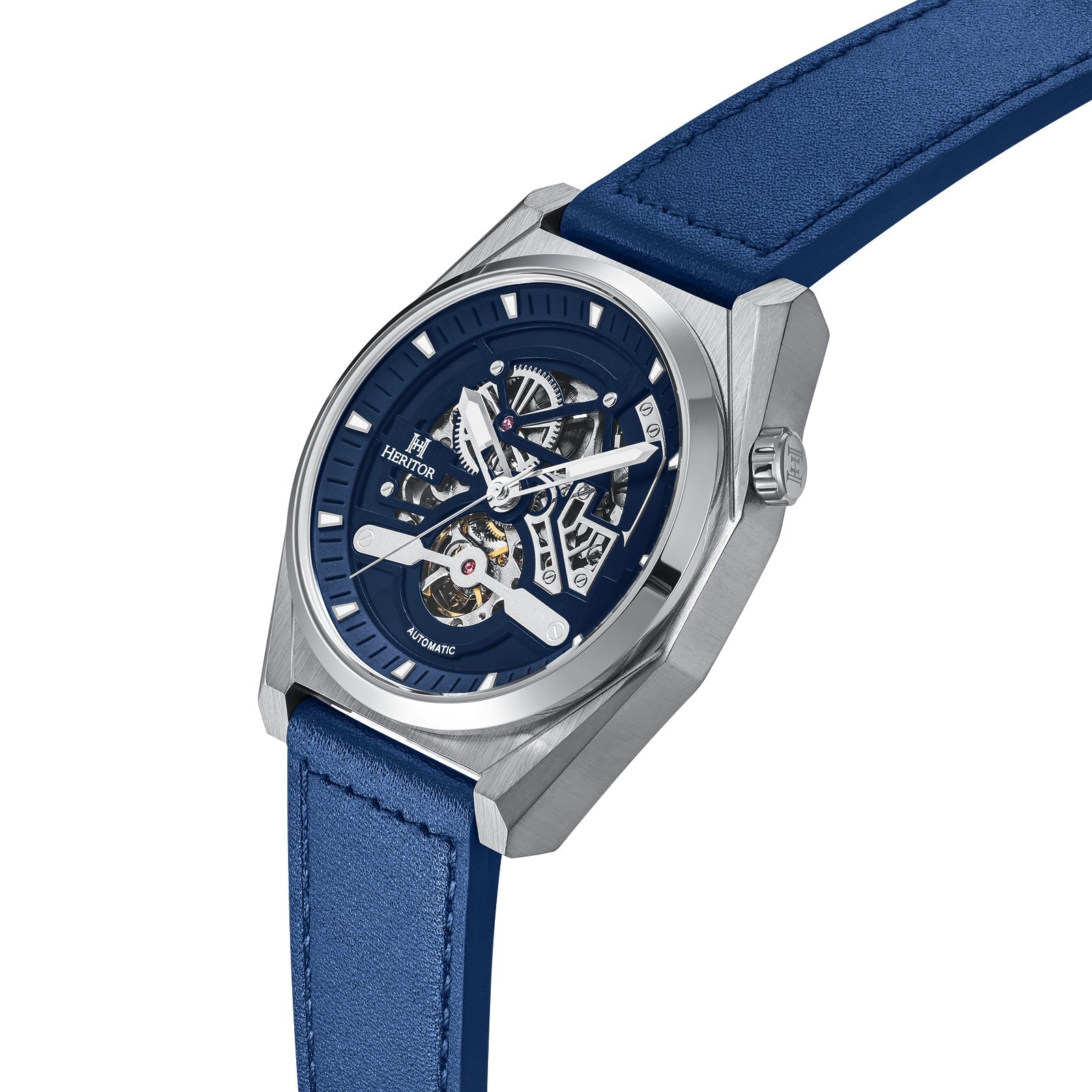 Heritor Automatic Amadeus Semi-Skeleton Leather-Band Watch - Silver/Blue - HERHS3402