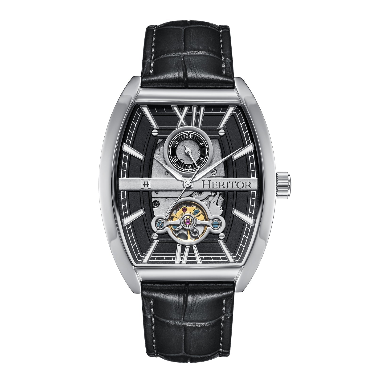 Heritor Automatic Masterson Semi-Skeleton Leather-Band Watch - Silver/Black - HERHS3501