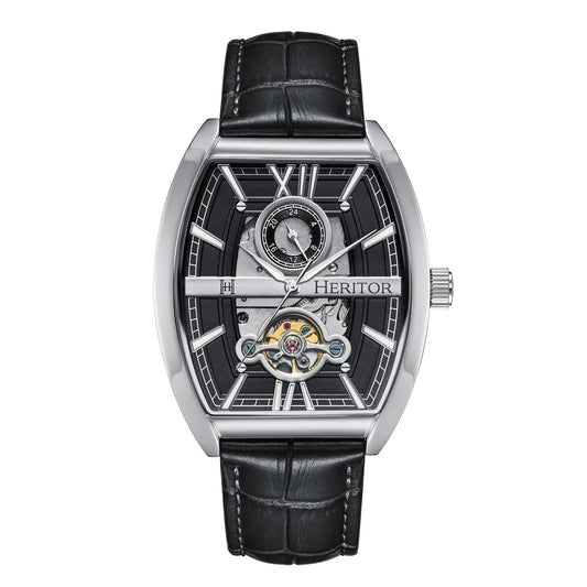 Heritor Automatic Masterson Semi-Skeleton Leather-Band Watch - Silver/Black - HERHS3501