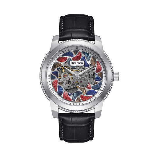 Heritor Automatic Emmanuel Semi-Skeleton Leather-Band Watch - Silver/Black - HERHS3701